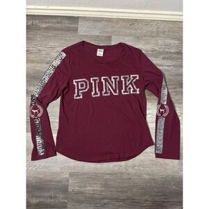 PINK Victoria Secret Burgundy Long Sleeve Sequin Graphic Top MEDIUM